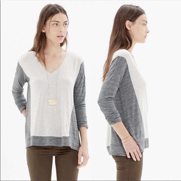 Madewell All Around Long Sleeve V-Neck Tee Top in Colorblock Grey - Picture 1 of 11